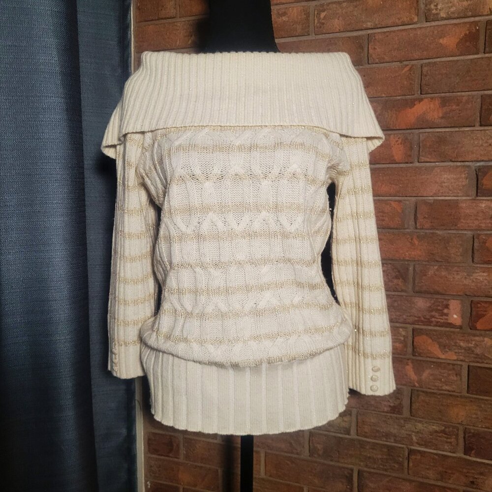 DKNY Women's Off-the-Shoulder Cable Knit Cream w/Metallic Weave - Size XL